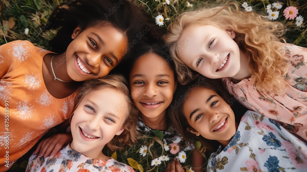 image of top view of cheerful diverse teenage girls lying together on a grass while looking at camera image of top view of cheerful diverse teenage girls lying together on a grass while looking at camera