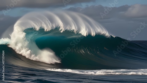 Grande Wave che pratica il surfing in Hawai. Un gruppo di surfisti tenta di guidare un'onda enorme mentre pratica il surfing alla conduttura di Bonzai sulla riva del nord dell'isola di Oahu in Hawai. 