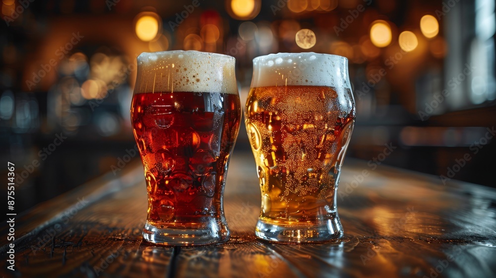 The background of a pub shows light and dark glasses of beer. The background of a pub shows light and dark glasses of beer.