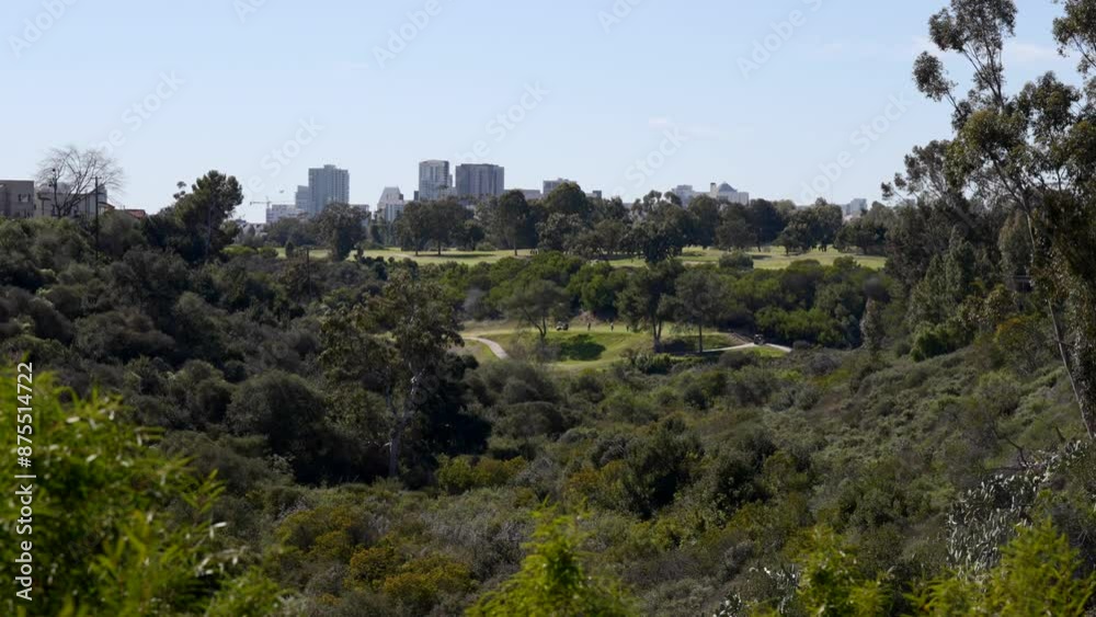 Aerial view of a golf course in the distance behind some trees in the South Park neighborhood of San Diego California during a sunny day with views of the downtown skyline in the distance Aerial view of a golf course in the distance behind some trees in the South Park neighborhood of San Diego California during a sunny day with views of the downtown skyline in the distance