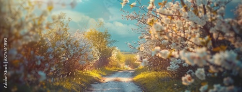 Defogged spring landscape with flowering willow branches, forest road and blue sky with clouds. Ultra wide format. photo