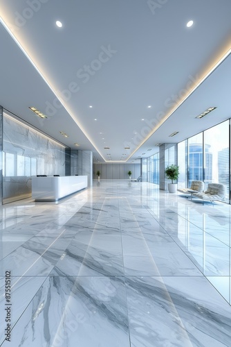 Modern Lobby Interior  A modern  sleek office building with led lighting  marble floors  sustainable materials  and clean lines. Open space  sleek and sophisticated style.