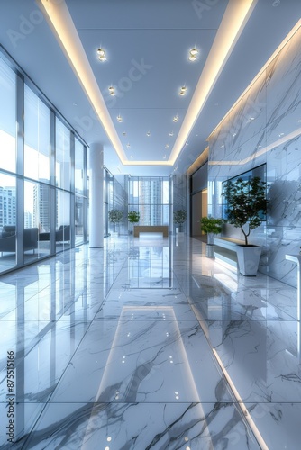 Modern Lobby Interior  A modern  sleek office building with led lighting  marble floors  sustainable materials  and clean lines. Open space  sleek and sophisticated style.