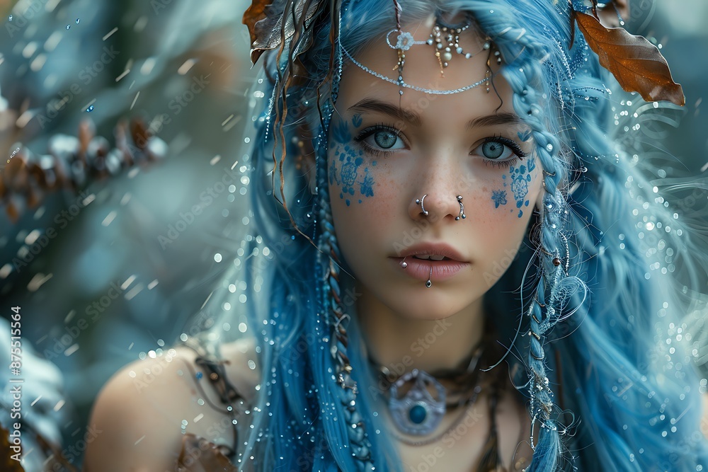 Portrait of a young girl with blue long hair dressed like a powerful magician or an elf Portrait of a young girl with blue long hair dressed like a powerful magician or an elf