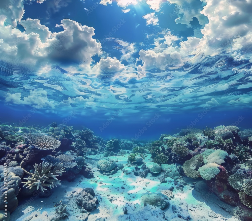 Fototapeta premium The underwater coral reef seabed with the horizon and water surface in the background