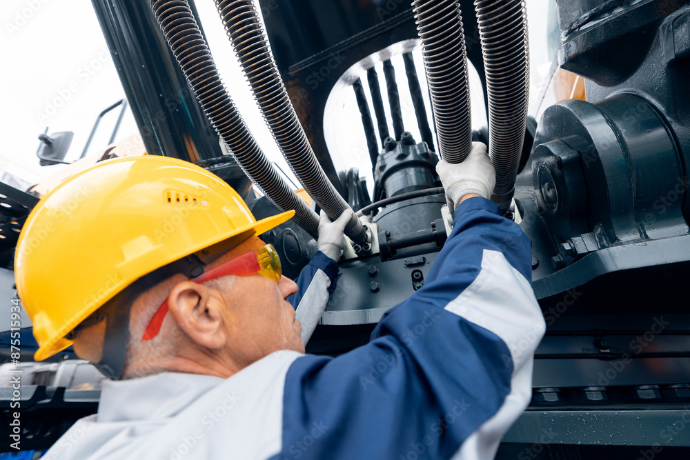 Fototapeta premium Professional mechanic diagnostics hydraulic hose system equipment on excavator to raise bucket.