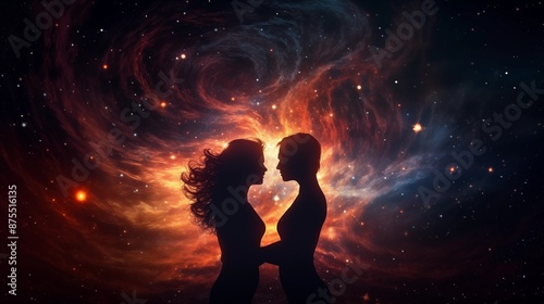 Man and woman silhouettes at abstract cosmic background. Human souls couple in love. Astral body, esoteric and spiritual life concept.