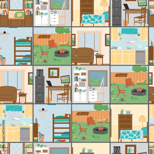 I Spy a Pink Eraser in Each Room seamless pattern print background