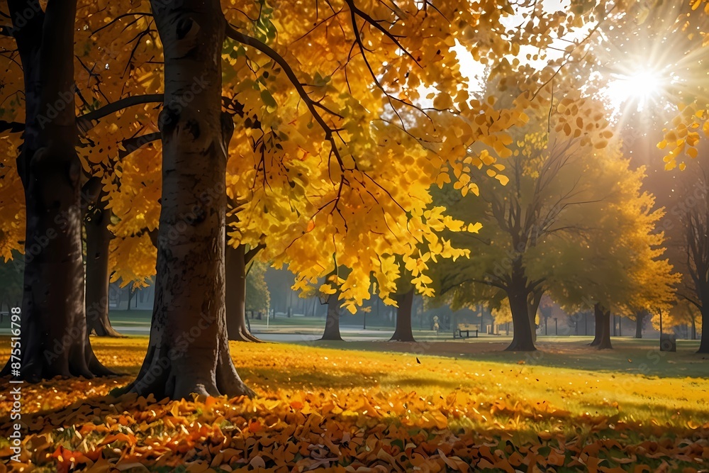 Beautiful autumn landscape with yellow trees and sun. Colorful foliage in the park. Falling leaves natural background
Beautiful autumn landscape with yellow trees and sun. Colorful foliage in the park. Falling leaves natural background