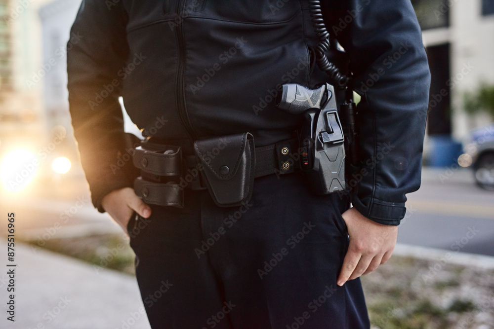 City, police officer and hands of person with uniform for crime watch, protection and patrol. Body, justice and public safety with gun for authority, responsibility and law enforcement in Australia