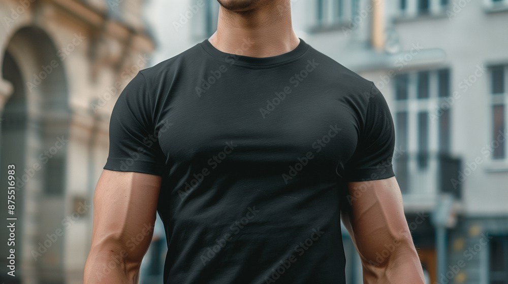 Young Fit Male Model Wearing Black T-Shirt Outdoors, Casual Shirt Mockup Template for Design Print, Young Man in Hipster Style T-Shirt for Mockup Placement Young Fit Male Model Wearing Black T-Shirt Outdoors, Casual Shirt Mockup Template for Design Print, Young Man in Hipster Style T-Shirt for Mockup Placement