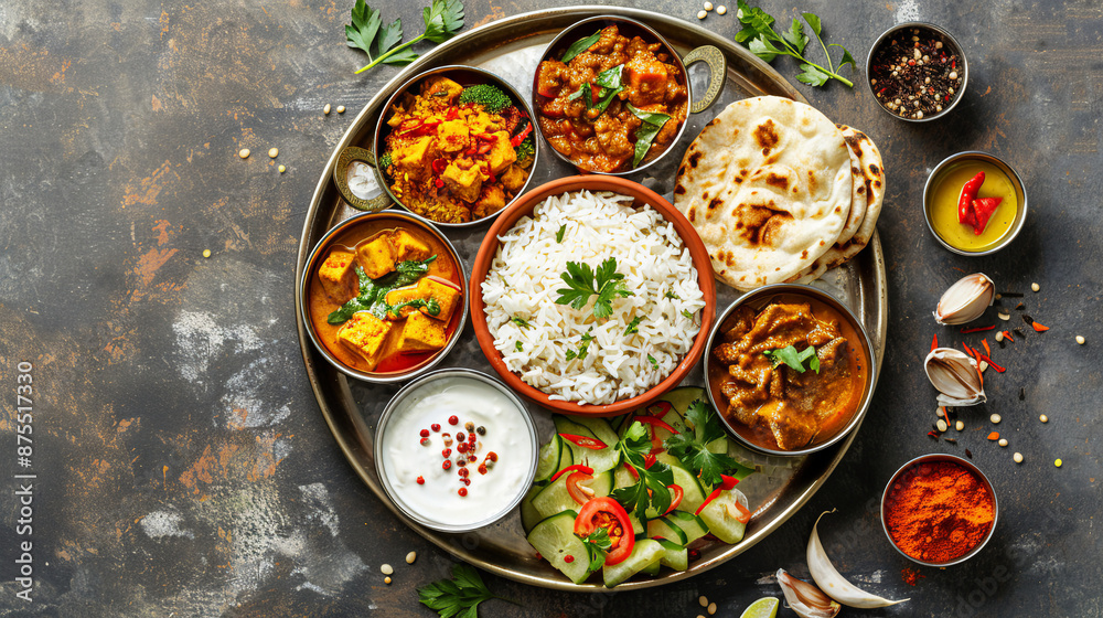 Traditional Indian Thali with Variety of Curries, Rice, Naan, and Accompaniments on a Metal Platter Traditional Indian Thali with Variety of Curries, Rice, Naan, and Accompaniments on a Metal Platter