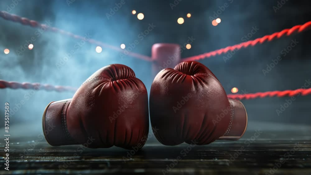 Two red boxing gloves resting on a boxing ring