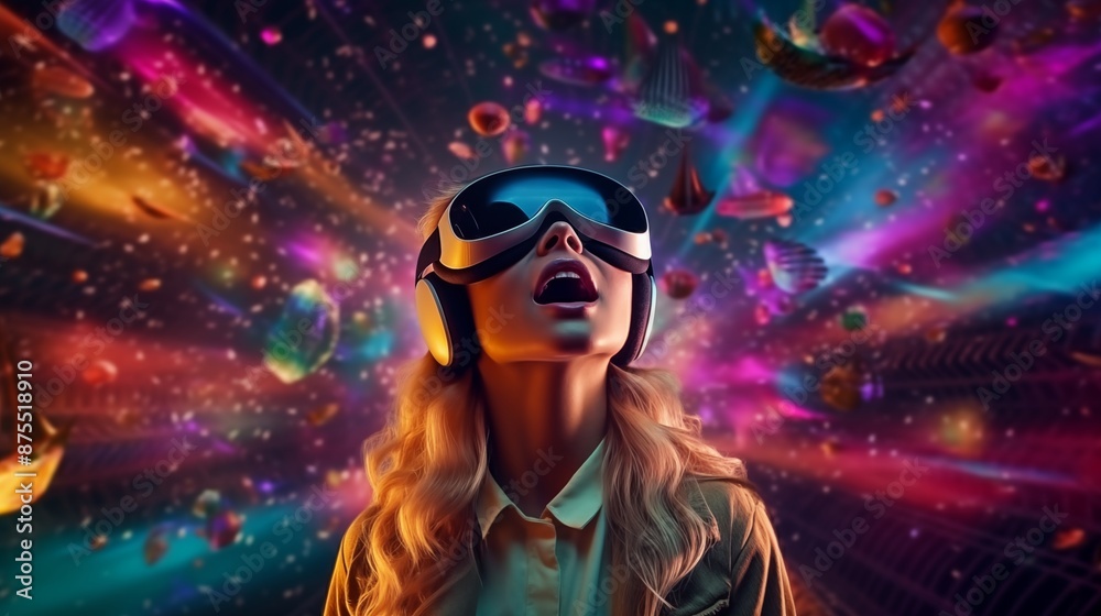 Portrait of amazed young woman in a VR headset explores the metaverse's virtual space. Gaming and futuristic entertainment concept