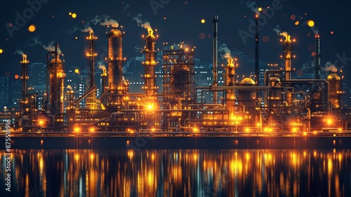 A vivid nighttime illustration of a bustling industrial complex with illuminated towers, tanks, and pipelines reflecting on water surface, showcasing energy production or manufacturing processes.