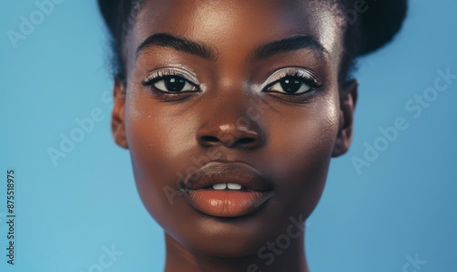 Beautiful Afro american woman with flawless skin. Skincare concept. Beautiful young black girl practicing skincare. smooth face touches her healthy facial skin. Copy space for text.