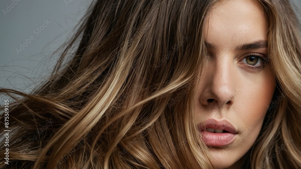 Close-up of a model face with long brown hair and blond highlights, dreamy look face of the young woman with wind blowing on her hair Close-up of a model face with long brown hair and blond highlights, dreamy look face of the young woman with wind blowing on her hair