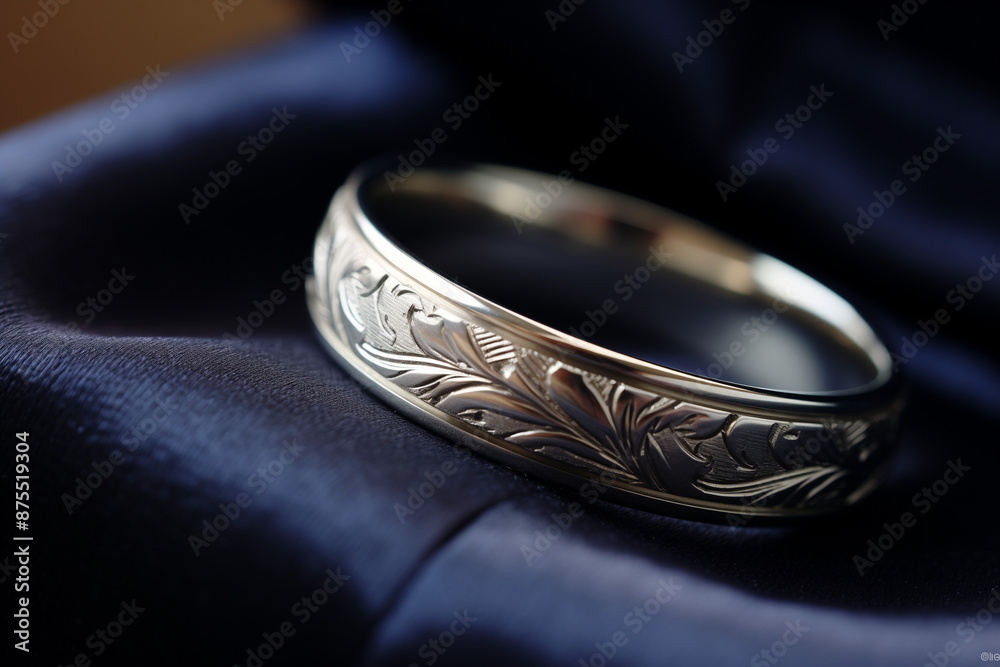 Silver ring with engraving on silk fabric Silver ring with engraving on silk fabric