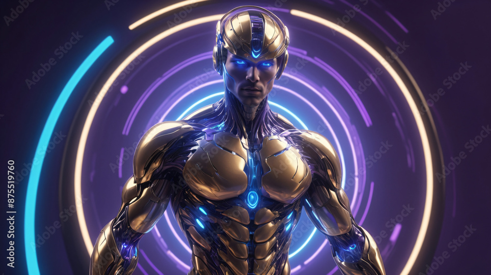Golden Muscular Male AI Cyborg with Blue glowing neon rings light in the background. AI generativ. Golden Muscular Male AI Cyborg with Blue glowing neon rings light in the background. AI generativ.