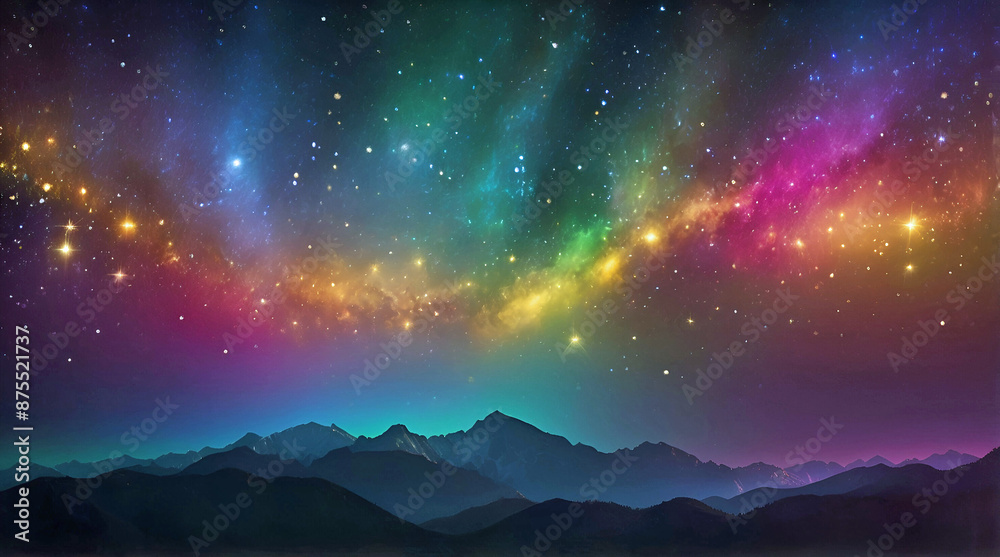 Beautiful Multi Color Galaxy Illustration Over Serene Mountain Valley Background Beautiful Multi Color Galaxy Illustration Over Serene Mountain Valley Background