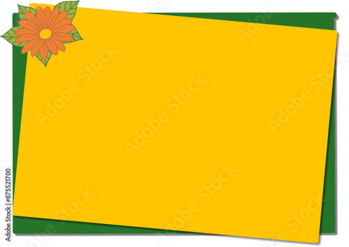 Foglio verde e foglio giallo bloccato da calamita fiore gerbera arancione con foglie - appunti d’ufficio - slide - presentazione - ideale per sublimazione, presentazione , adesivo, promemoria	