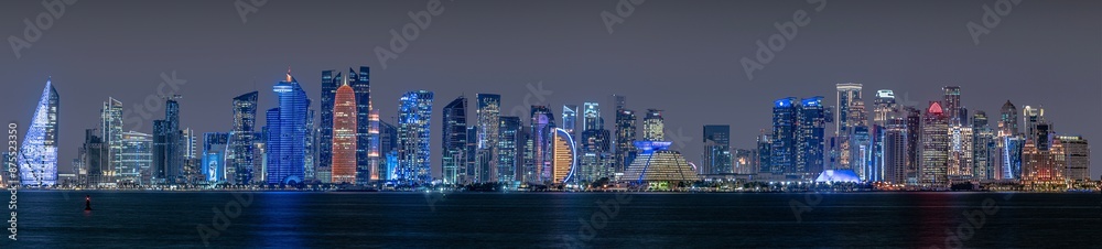 Panoramic view of Doha skyline at night, Qatar 05-04-2024 Panoramic view of Doha skyline at night, Qatar 05-04-2024