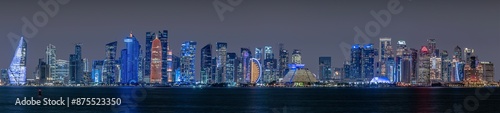 Panoramic view of Doha skyline at night, Qatar 05-04-2024