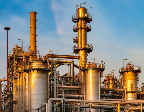 Detail of a heavy Chemical Industrial plant with mazework of pipes in twilight night scene. photo