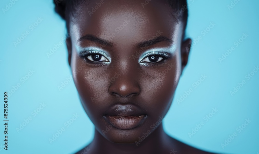 Beautiful Afro american woman with flawless skin. Skincare concept. Beautiful young black girl practicing skincare. smooth face touches her healthy facial skin. Copy space for text.