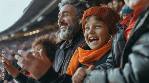 Generations of Joy: Happy Kid Cheering with Father and Grandfather" "Family Happiness: Kid Celebrates with Father and Grandfather