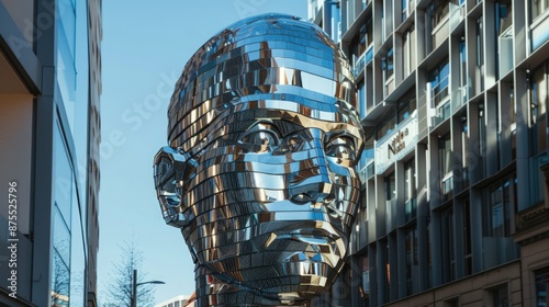 A large, silver sculpture of a face is on display in front of a building. Generate AI image photo