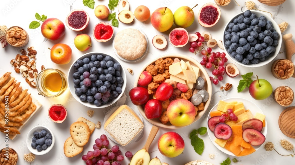 Healthy Food Ingredients on White Marble Background with Fruits, Nuts, Seeds, and Cheese. celebration of Jewish New Year Rosh Hashanah Healthy Food Ingredients on White Marble Background with Fruits, Nuts, Seeds, and Cheese. celebration of Jewish New Year Rosh Hashanah