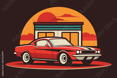 A t-shirt design with a vintage muscle car in front of a retro diner backdrop. t-shirt design like round