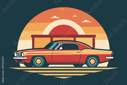 A t-shirt design with a vintage muscle car in front of a retro diner backdrop. t-shirt design like round