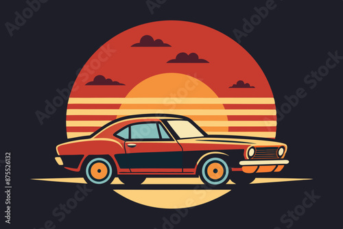 A t-shirt design with a vintage muscle car in front of a retro diner backdrop. t-shirt design like round