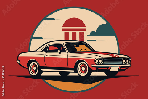 A t-shirt design with a vintage muscle car in front of a retro diner backdrop. t-shirt design like round