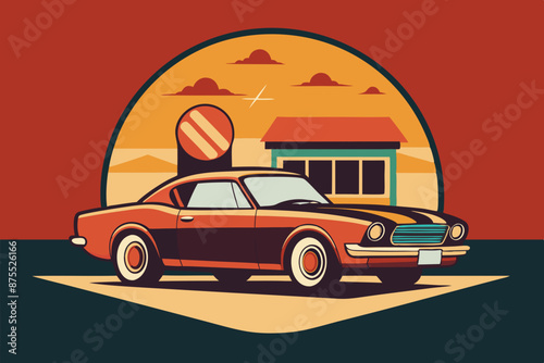 A t-shirt design with a vintage muscle car in front of a retro diner backdrop. t-shirt design like round