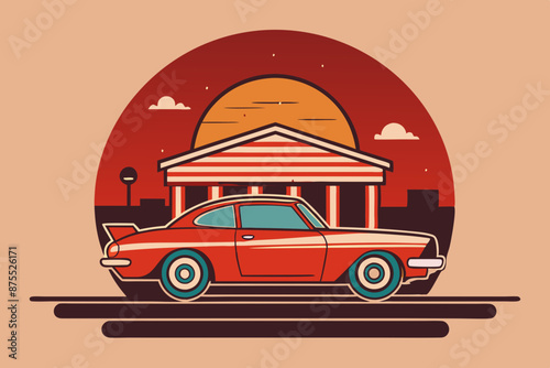 A t-shirt design with a vintage muscle car in front of a retro diner backdrop. t-shirt design like round