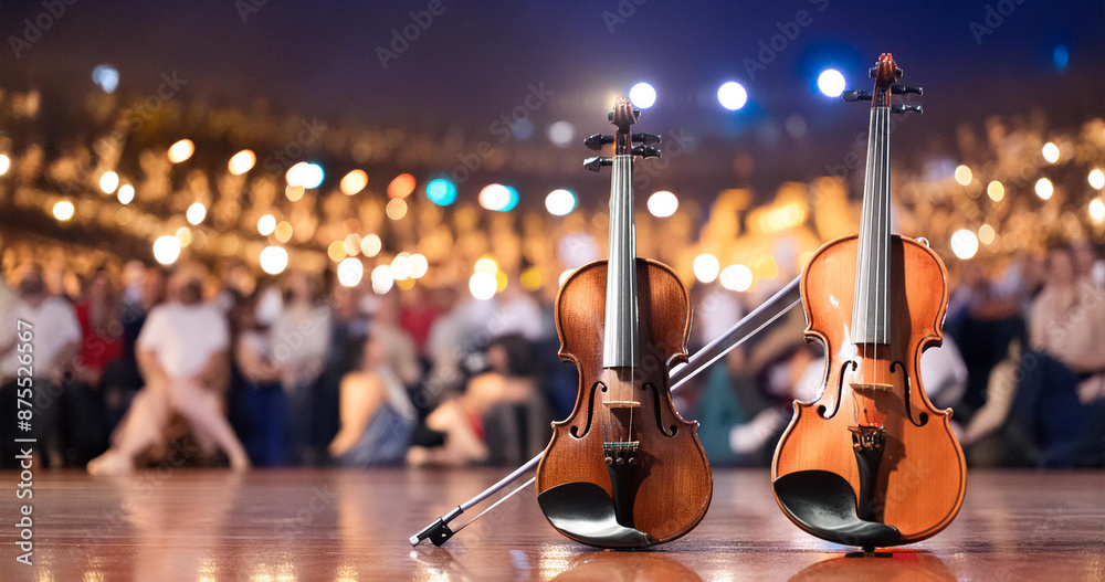 Fototapeta premium Violines en un escenario de un teatro con público