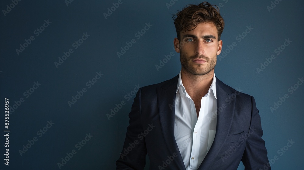 Confident Man in Navy Blazer, Professional Portrait, Modern Business Look, Minimalist Background, Stylish Outfit Confident Man in Navy Blazer, Professional Portrait, Modern Business Look, Minimalist Background, Stylish Outfit