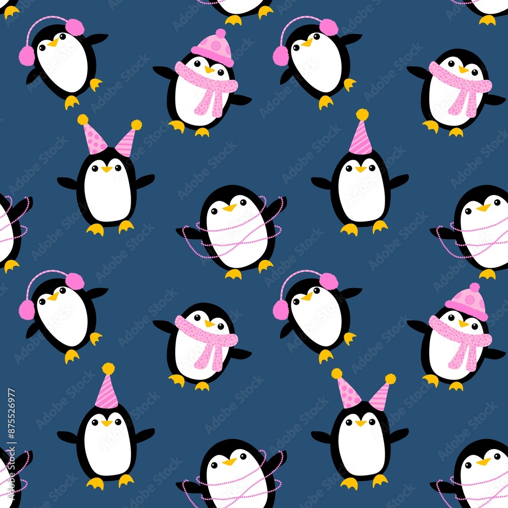 Fototapeta premium Cartoon festive animals seamless birthday decor and penguin pattern