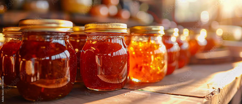 Homemade marmalade and jam in glass jars with fresh fruits