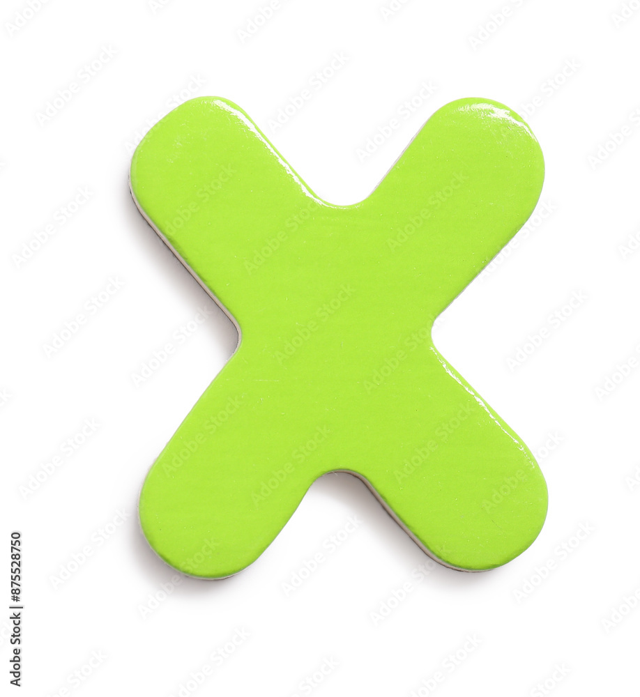 Alphabet. Green magnetic letter X isolated on white, top view Alphabet. Green magnetic letter X isolated on white, top view