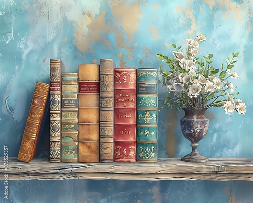 Photorealistic vintage books on wooden shelf, blue wall in grunge shabby chic style.