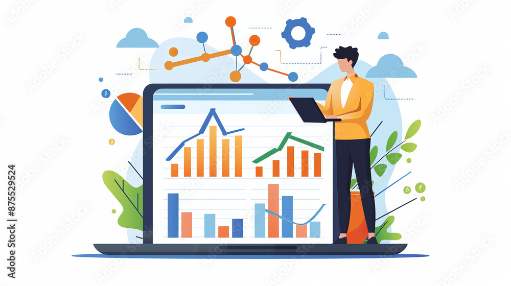 Digital Marketing. Sales data analysis and economic growth chart. Businessman with smartphone and laptop. Businessman using tablet and laptop analyzes sales data and economic growth chart. Business