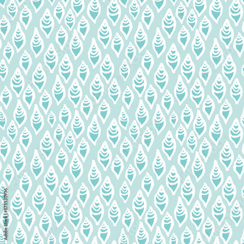 Seamless vector repeat pattern with tiny ditsy ogee costal oval shapes like shells or fish in soft aqua blue and white. Coastal, swim, poolside, tropical backdrop with ditsy abstract all over shapes