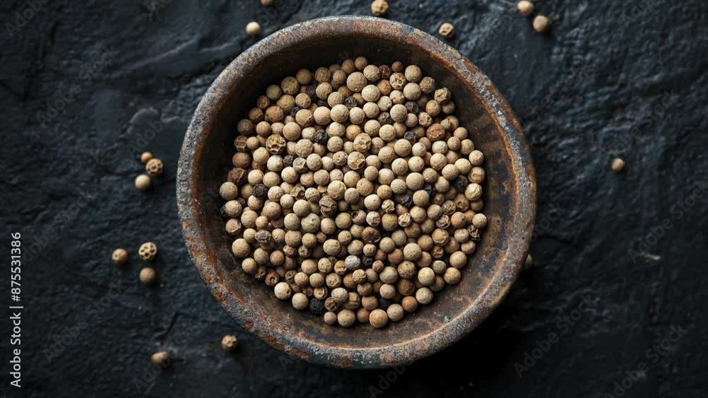 Top View of White Peppercorns in a Rustic Bowl on Dark Background Top View of White Peppercorns in a Rustic Bowl on Dark Background