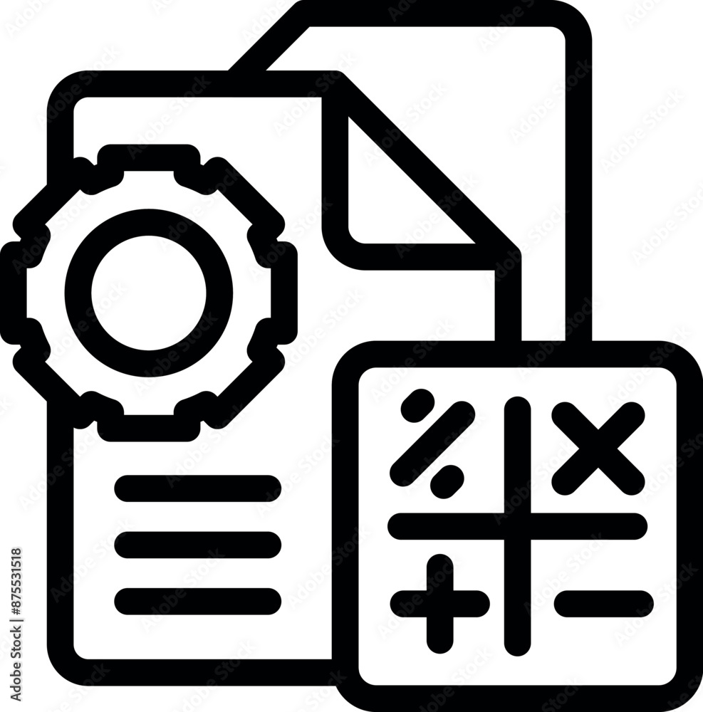 Icon of accounting software managing a document with financial calculations and a settings gear Icon of accounting software managing a document with financial calculations and a settings gear