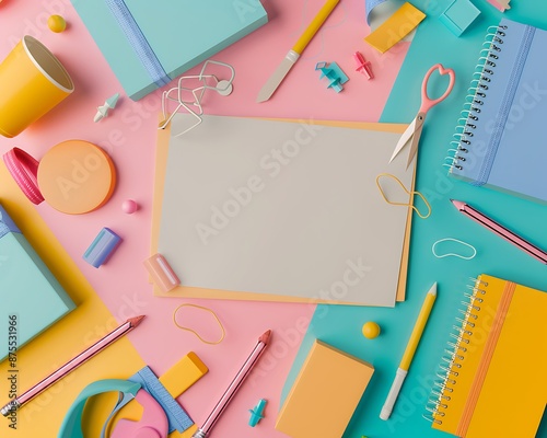 3D mock-up of colorful school supplies with blank paper on pastel backdrop, top view, modern and clean design.