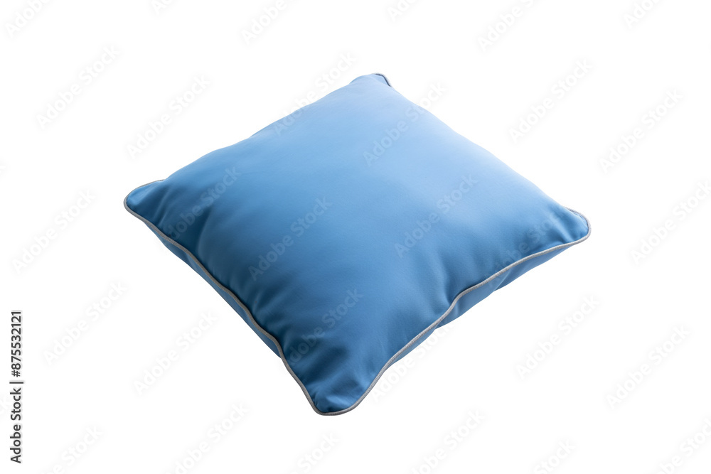 Soft blue pillow with white piping, square-shaped and isolated on a transparent background. Ideal for children's rooms or home decor, this high-resolution image highlights its smooth texture Soft blue pillow with white piping, square-shaped and isolated on a transparent background. Ideal for children's rooms or home decor, this high-resolution image highlights its smooth texture